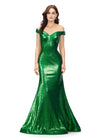 Emerald ASHLEYlauren 11107 Off-Shoulder Sequin Gown with Criss-Cross Open Back, Fit & Flare Silhouette, and Horsehair Hem