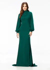 Emerald ASHLEYlauren 11219 – An ultra-glamorous high neckline crepe gown featuring balloon sleeves, contoured seaming for a perfect silhouette, an exposed zipper back, and a sweeping train. Ideal for making a sophisticated statement at any event.