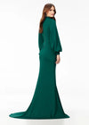Back - Emerald ASHLEYlauren 11219 – An ultra-glamorous high neckline crepe gown featuring balloon sleeves, contoured seaming for a perfect silhouette, an exposed zipper back, and a sweeping train. Ideal for making a sophisticated statement at any event.