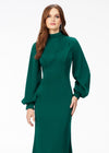 Emerald ASHLEYlauren 11219 – An ultra-glamorous high neckline crepe gown featuring balloon sleeves, contoured seaming for a perfect silhouette, an exposed zipper back, and a sweeping train. Ideal for making a sophisticated statement at any event.