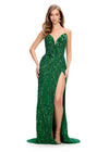 Emerald ASHLEYlauren 11236 strapless gown featuring a sweetheart neckline, modern floral sequin motif cascading down the bustier and skirt, and a left leg slit for a glamorous and head-turning look.