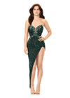 Emerald ASHLEYlauren 11237 Strapless Gown with Crystal and Sequin Beading, Illusion V-Neckline, Cut-Outs, Asymmetrical Skirt, and Left Leg Slit