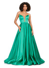 Emerald ASHLEYlauren 11250 elegant satin ball gown featuring an illusion V-neckline, strapless design, full A-line skirt with pockets, and a sweeping train for a timeless and sophisticated look.