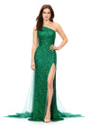 Emerald ASHLEYlauren 11371 dazzling one shoulder sequin gown featuring a fully hand-beaded design, a detachable chiffon cape, and a left leg slit, available in vibrant color options for a bold and glamorous statement look.