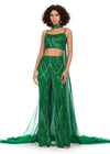 Emerald ASHLEYlauren 11385 statement two-piece jumpsuit featuring an intricately hand-beaded bustier and pants, a matching beaded choker, and a dramatic chiffon cape for a bold and fashion-forward look.