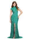 Emerald ASHLEYlauren 11395 fully beaded sequin gown featuring an intricate beaded motif, high neckline, cap sleeves, and a modest front slit for an elegant and regal look.