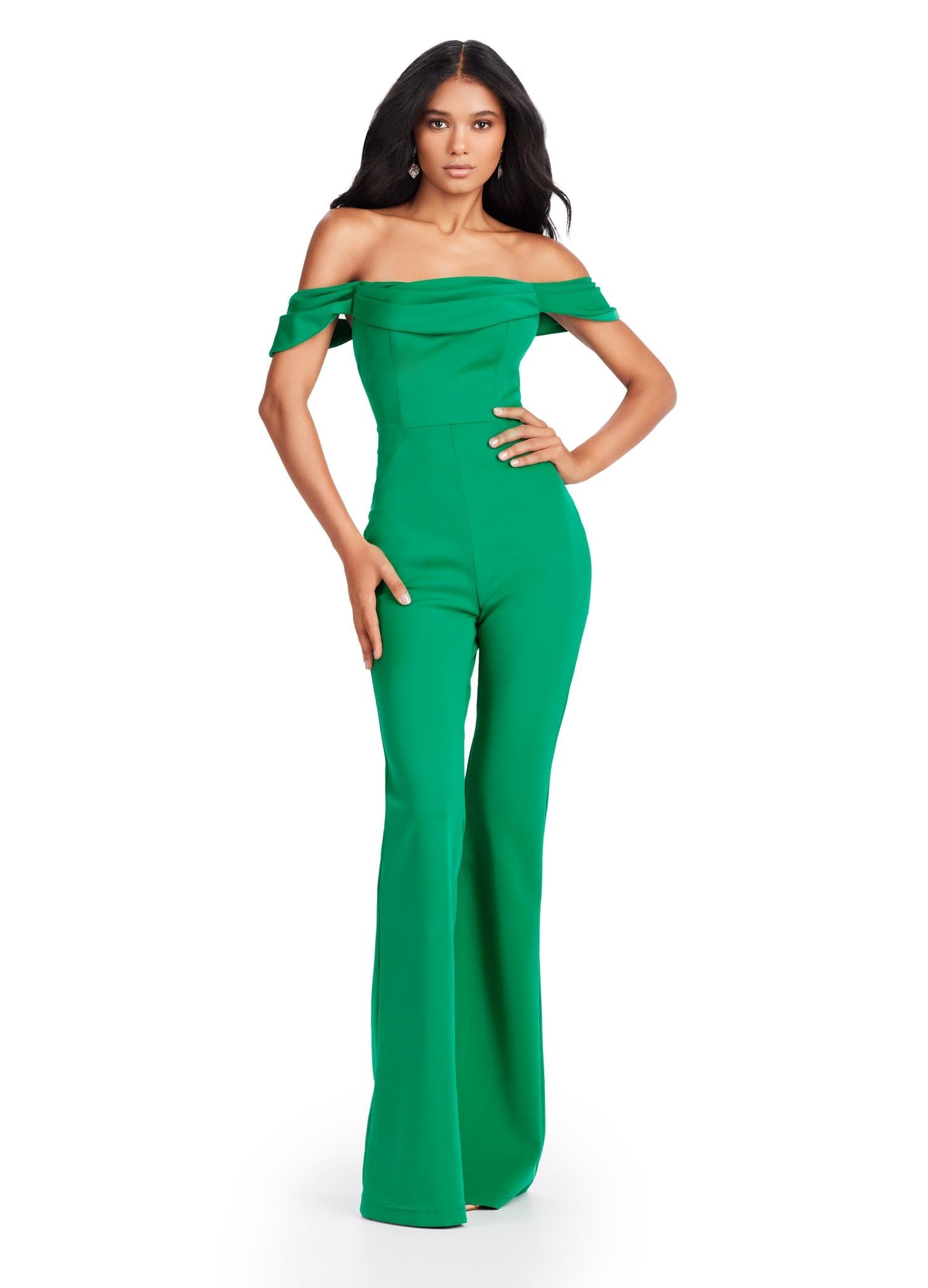 OFF SHOULDER LACE LIKE ROMPERS(グリーン) ASHLEYlauren 11532 - Off Shoulder Scuba Jumpsuit with
