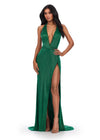 Emerald ASHLEYlauren 11547 Plunging V-Neckline Fully Liquid Beaded Gown with Open Back and High Left Leg Slit