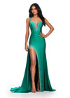 Emerald ASHLEYlauren 11579 Unique Jersey Gown with Illusion V-Neckline, Sparkling Press On Stones, Flowing Side Skirt, and Left Leg Slit
