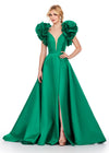 Emerald ASHLEYlauren 11610 A-Line Mikado Gown with Deep V-Neckline, V-Back, Dramatic Ruffle Sleeves, and Skirt Slit