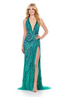 Emerald ASHLEYlauren 11670 Intricately Beaded Gown with Deep V-Neckline, Sheer Side Cut Outs, Open V-Back, and Left Leg Slit