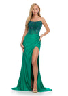 Emerald ASHLEYlauren 11690 Glamorous Strapless Gown with Exposed Corset Boning Encrusted in Press On Stones, Ruched Skirt, and Left Leg Slit