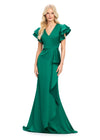 Emerald ASHLEYlauren 11737 Elegant Crepe Gown with V-Neckline, Statement Draped Ruffle Shoulder, Wrap Skirt, and Flowing Side Ruffle Detail