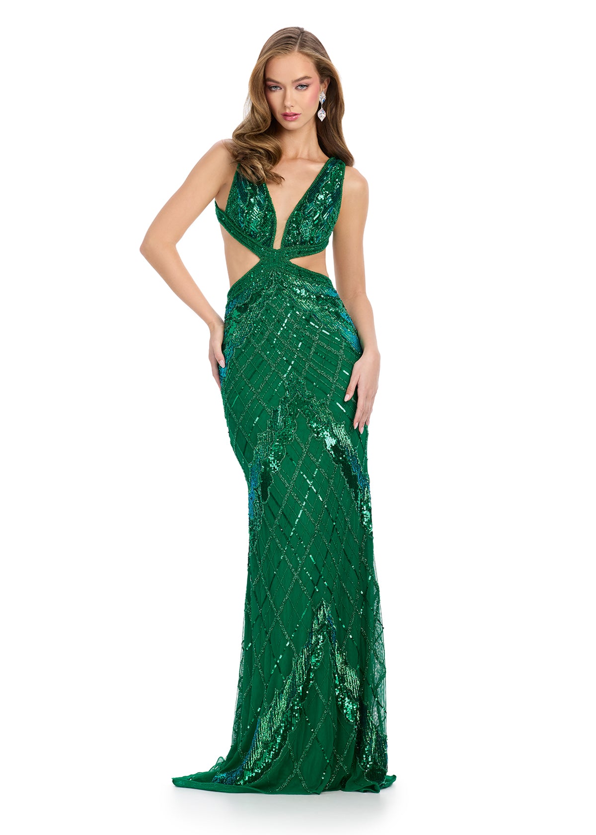セレナイト フィッシュテール エンジェルウィング MY1226 ASHLEYlauren 11810 Fully Beaded Gown with Cutouts and V-Neck