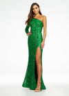 Emerald ASHLEYlauren 1977 fitted hand-beaded dress featuring a one shoulder long sleeve, left leg slit, and a horsehair hem for an elegant and sophisticated look.