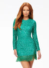 ASHLEYlauren 4438 – A sassy and classy fully hand-beaded long sleeve cocktail dress featuring a fitted skirt with fringe detail along the left leg slit and hemline. Perfect for making a bold, elegant statement at any event.