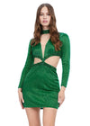 Emerald ASHLEYlauren 4583 liquid beaded cocktail dress featuring a V-neckline, dramatic cut-outs, long sleeves, and a fitted silhouette for a bold and head-turning look.