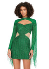 Emerald ASHLEYlauren 4601 fully beaded cocktail dress featuring a sweetheart neckline, illusion cut outs at the waist, open back, fitted skirt, and long sleeves with fringe for a dramatic and show-stopping look.