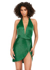 Emerald ASHLEYlauren 4620 liquid beaded cocktail dress featuring a deep V-neckline, open back, and elegant wrap skirt for a glamorous old Hollywood-inspired look.