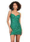 Front - Emerald ASHLEYlauren 4625 fully beaded sequin cocktail dress featuring a sweetheart neckline, double spaghetti straps, fitted silhouette, and lace-up back for a glamorous and elegant look.