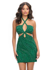 Emerald ASHLEYlauren 4651 fully beaded cocktail dress featuring a sweetheart neckline, lace-up back, and feathered off shoulder sleeves for a glamorous and show-stopping look.