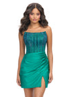 Emerald ASHLEYlauren 4686 strapless cocktail dress featuring a corset bustier embellished with press-on stones, a sleek jersey skirt, and a left leg slit for a classic and glamorous look.