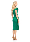 Emerald ASHLEYlauren 4735 Mid-Length Off Shoulder Satin Dress with Ruffled Neckline, Elegant Beaded Accents at the Waist, and Fitted Skirt Silhouette