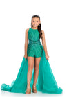 Emerald ASHLEYlauren 8315 Jersey Romper with Halter Neckline, Press-On Stone Beading, and Flowing Organza Overskirt
