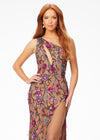 Front. ASHLEYlauren 11202 Fully Sequin One-Shoulder Gown with Asymmetrical Keyhole Neckline, Multi-Colored Dimensional Floral Motif, and Left Leg Slit