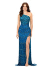 Front. ASHLEYlauren 11284 Peacock One Shoulder Fully Beaded Gown with Peacock Bead Pattern, Asymmetrical Lace Up Back, Left Leg Slit, and Sweep Train