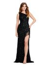 Front. ASHLEYlauren 11449 black one shoulder beaded gown with fringe-trimmed slit and lace up back