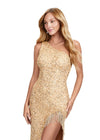 Front. ASHLEYlauren 11449 gold one shoulder beaded gown with fringe-trimmed slit and lace up back