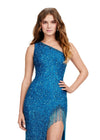 Front. ASHLEYlauren 11449 peacock one shoulder beaded gown with fringe-trimmed slit and lace up back