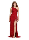 Front. ASHLEYlauren 11449 red one shoulder beaded gown with fringe-trimmed slit and lace up back