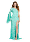 Front. ASHLEYlauren 11452 aqua one shoulder fully beaded gown with feather bell sleeve, left leg slit, and sweep train