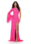 Front. ASHLEYlauren 11452 hot pink one shoulder fully beaded gown with feather bell sleeve, left leg slit, and sweep train
