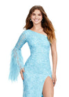 Front. ASHLEYlauren 11452 sky one shoulder fully beaded gown with feather bell sleeve, left leg slit, and sweep train