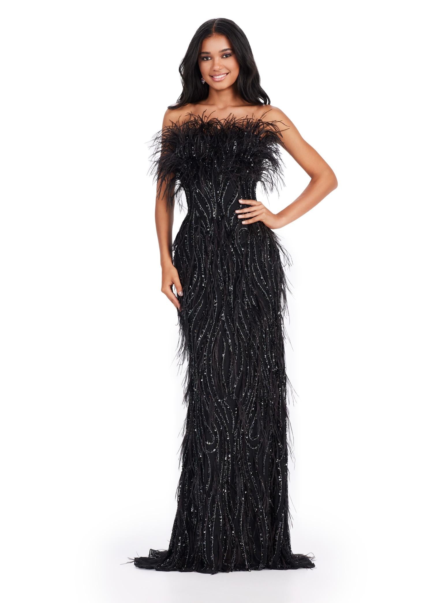 Front. ASHLEYlauren 11453 black strapless beaded gown with feather detailing and fitted silhouette