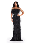 Front. ASHLEYlauren 11453 black strapless beaded gown with feather detailing and fitted silhouette