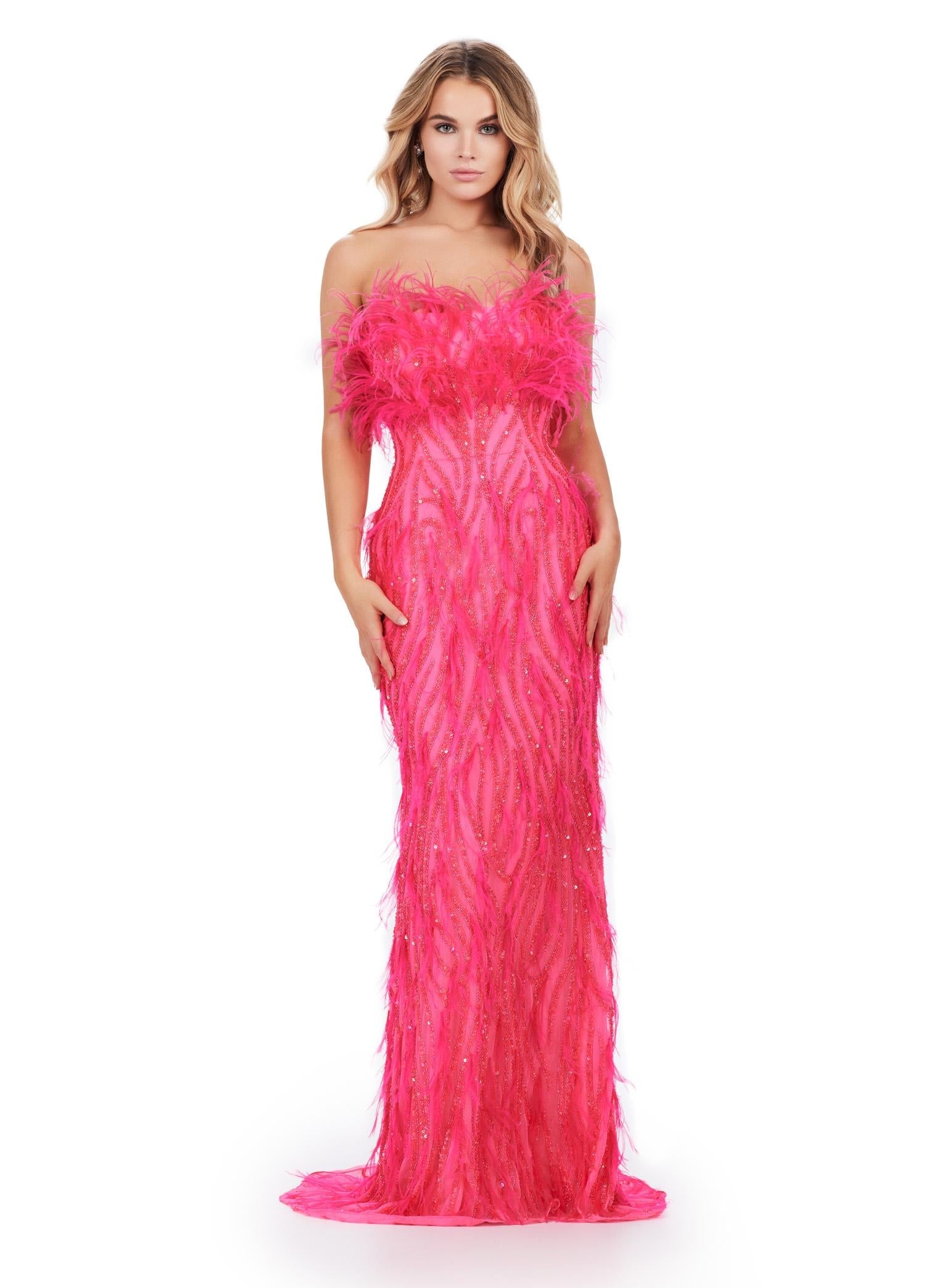 Front. ASHLEYlauren 11453 hot pink strapless beaded gown with feather detailing and fitted silhouette