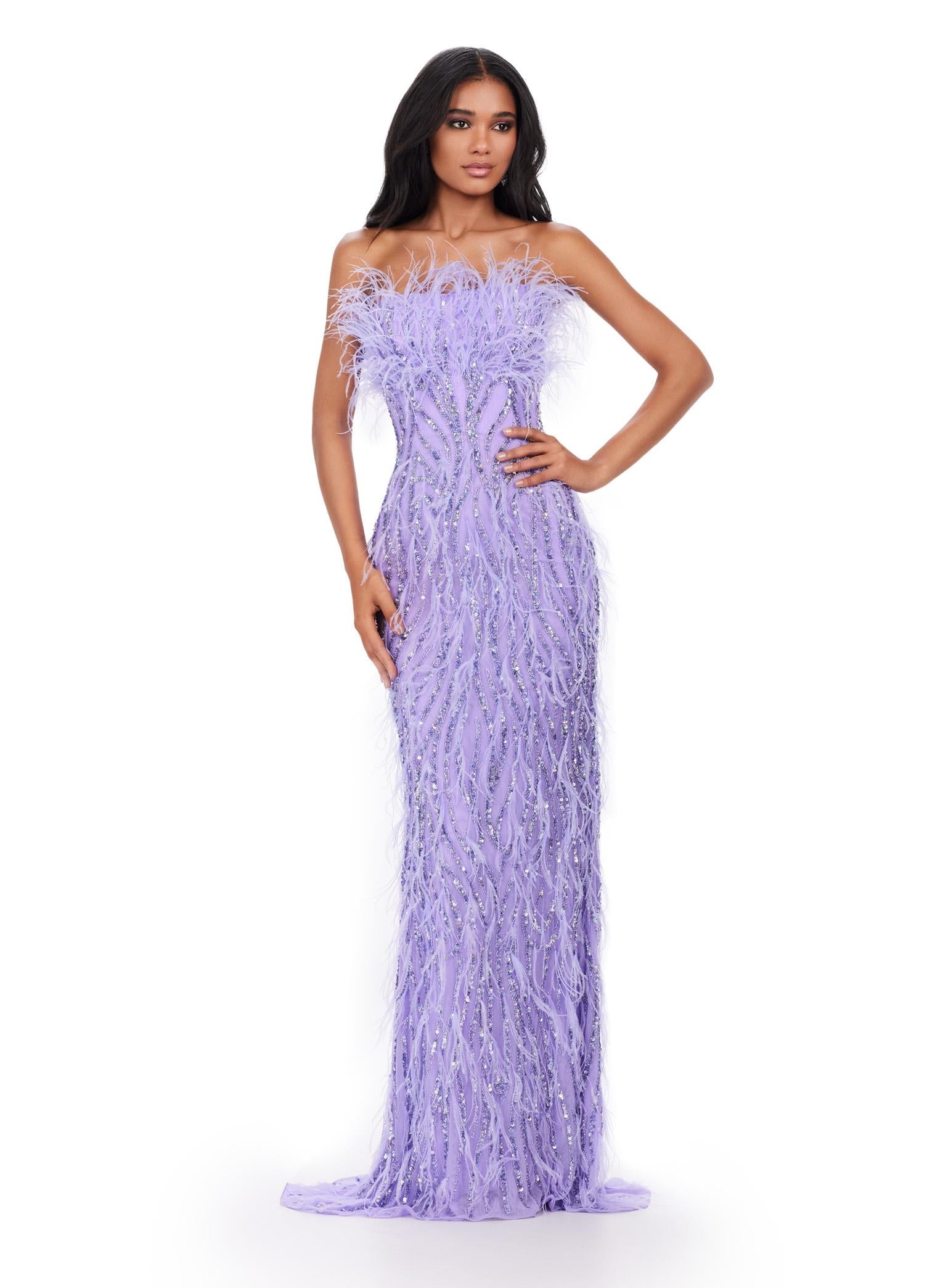 Front. ASHLEYlauren 11453 lilac strapless beaded gown with feather detailing and fitted silhouette