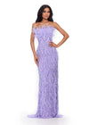 Front. ASHLEYlauren 11453 lilac strapless beaded gown with feather detailing and fitted silhouette