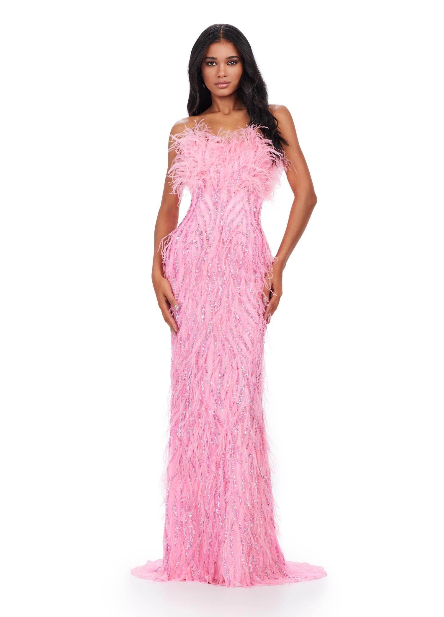 Front. ASHLEYlauren 11453 pink strapless beaded gown with feather detailing and fitted silhouette