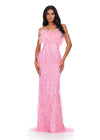 Front. ASHLEYlauren 11453 pink strapless beaded gown with feather detailing and fitted silhouette