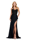 Front. ASHLEYlauren 11454 black one shoulder jersey gown with beaded bodice, ruched wrap skirt, and thigh-high slit