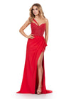 Front. ASHLEYlauren 11454 red one shoulder jersey gown with beaded bodice, ruched wrap skirt, and thigh-high slit