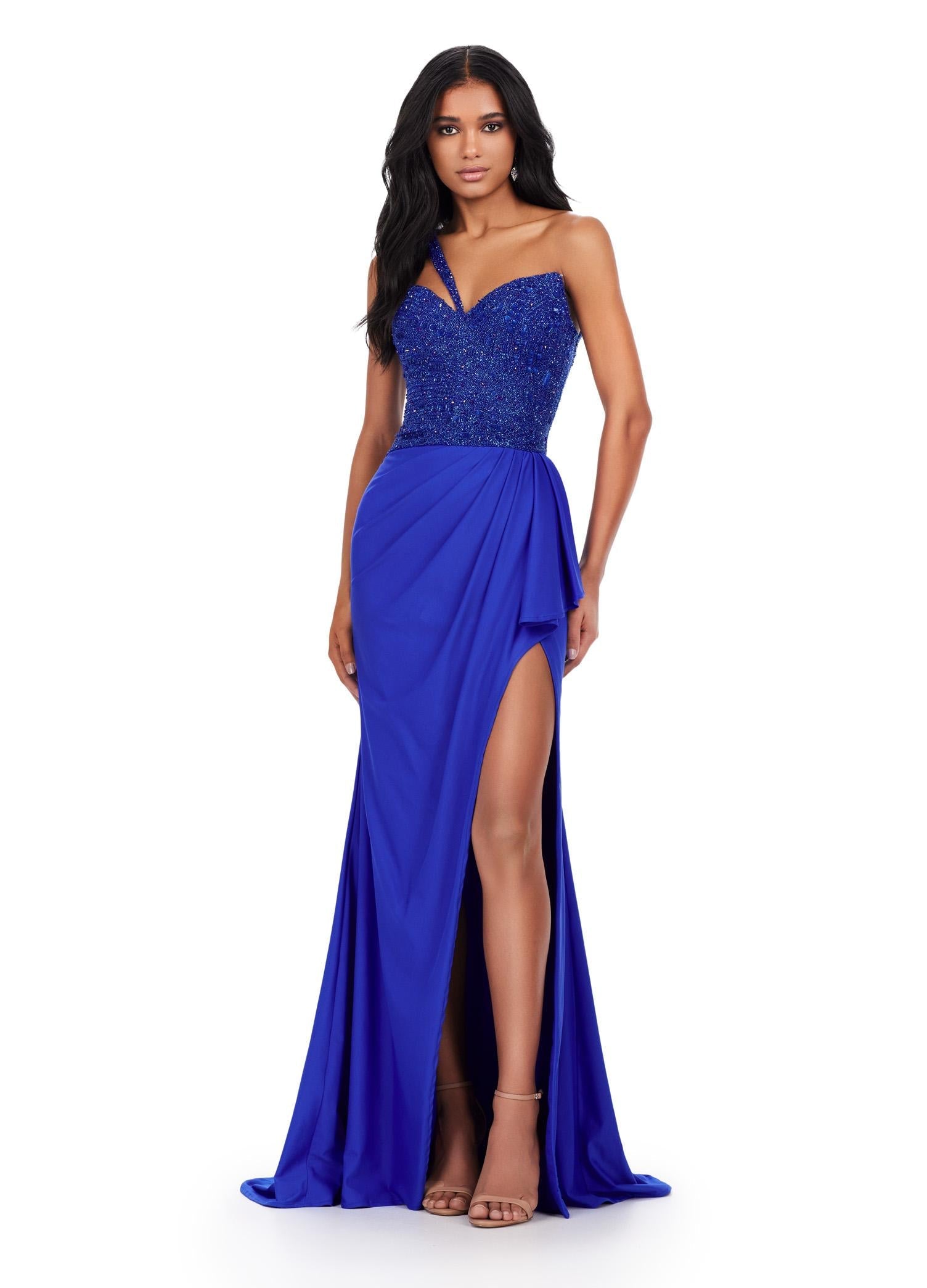 Front. ASHLEYlauren 11454 royal one shoulder jersey gown with beaded bodice, ruched wrap skirt, and thigh-high slit