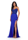 Front. ASHLEYlauren 11454 royal one shoulder jersey gown with beaded bodice, ruched wrap skirt, and thigh-high slit