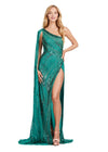 Front. ASHLEYlauren 11486 jade One Shoulder Beaded Gown with Shoulder Cape and Leg Slit