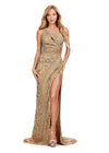 Front. ASHLEYlauren 11489 Gold Fully Beaded One Shoulder Gown with Asymmetric Cut Outs, Intricate Beaded Design, and Left Leg Slit